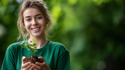 Faceless young volunteer girl with green t-shirt participating for environment protection charity project on green background, donation tree planting recycling nonprofit social responsibility,