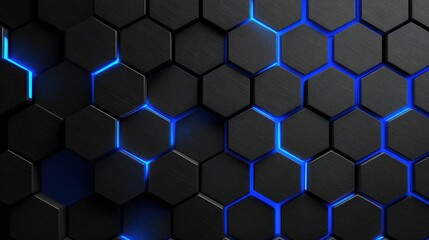 abstract background with black hexagons and blue neon lines