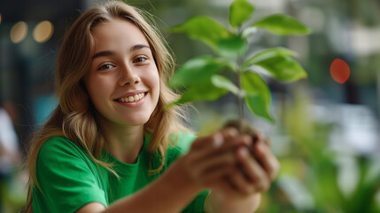 Faceless young volunteer girl with green t-shirt participating for environment protection charity project on green background, donation tree planting recycling nonprofit social responsibility,