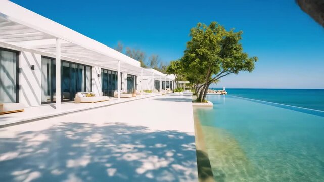 White modern resort with ocean view, infinity pool, trees, blue sky