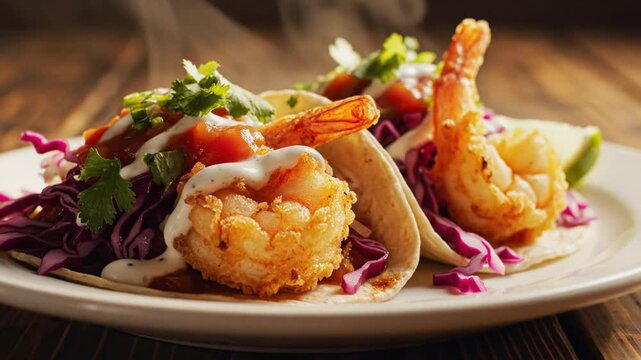 Plate of crispy shrimp tacos with purple cabbage slaw, cilantro, lime, and creamy sauce zesty citrus