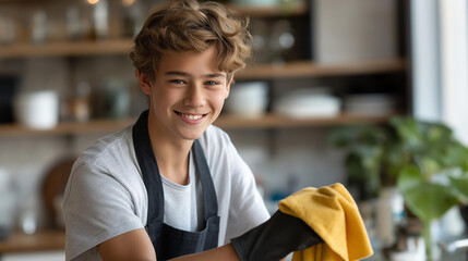 Faceless young boy smiling while helping with household chores in kitchen, teen cleaning, domestic task assistance, youth responsibility, home maintenance help, defocused child working, with