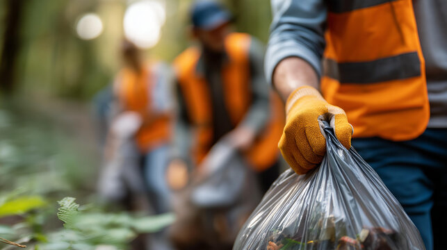 Faceless group of volunteers helping to keep nature clean by collecting garbage into plastic bag, environmental stewardship, ecological conservation work, outdoor cleanup service, defocused