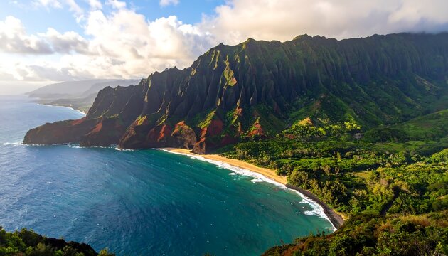 A scenic coastal view showcasing a verdant mountain range next to a sandy beach and deep turquoise ocean