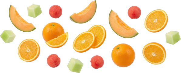 Assortment of fresh and vibrant fruits including orange slices whole oranges cantaloupe wedges honeydew cubes and watermelon balls citrus juicy healthy food sweet natural transparent background