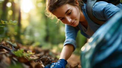 Faceless girl cleaning up forest and collecting trash, youth environmental work, nature conservation activity, woodland cleanup duty, ecological volunteer service, defocused young person, with