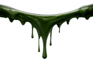 Viscous green slime dripping liquid substance oozing down with sticky texture on transparent background