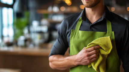 Faceless young chef in green apron holding cloth in modern kitchen setting, culinary professional with towel, food service cleaning, restaurant kitchen maintenance, defocused person, with copy