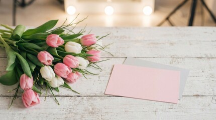 A bouquet of pink and white tulips sits on a table next to a blank card. The card is pink and white, and it is a blank card waiting to be written on