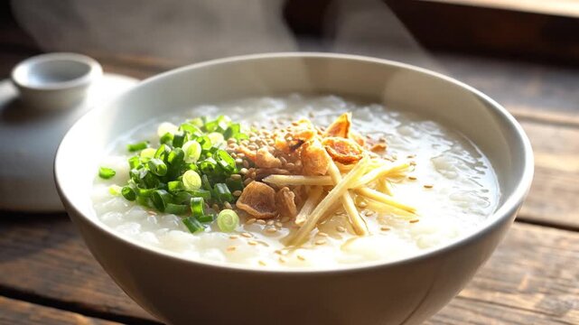 Creamy rice porridge in a ceramic bowl, topped with scallions, fried garlic, citrus zest. Crisp bits