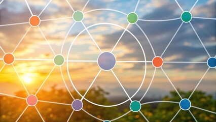 A vibrant network graph overlays a scenic sunset, blending technology and nature in a harmonious visual representation.