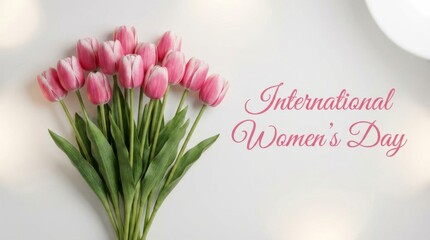 A bouquet of pink tulips is the centerpiece of a poster for International Women's Day. The poster features a white background and the words "International Women's Day" in bold letters