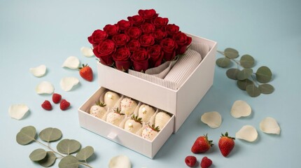 A white box with a red rose and strawberries inside. The strawberries are in a tray and the rose is in a vase. The box is placed on a blue surface