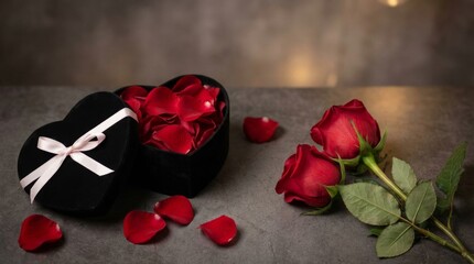 A heart-shaped box filled with red rose petals sits on a table. The box is black and has a ribbon tied around it. The roses are arranged in a vase, with one on the left side of the box