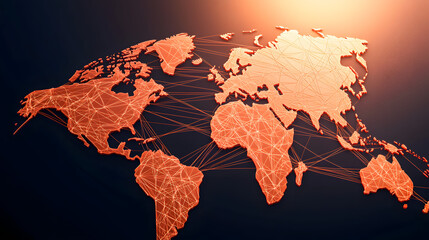 Global network map with interconnected lines representing communication and data flow
