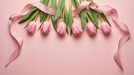 Pink flowers with green leaves are arranged in a row on a pink background. The flowers are tied together with a ribbon, creating a sense of unity and harmony. Scene is one of beauty and elegance