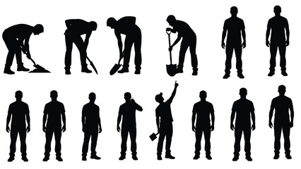 Black silhouette set of manual workers using shovels and digging, group of men in various labor poses and standing isolated on a white background. © Ahahila