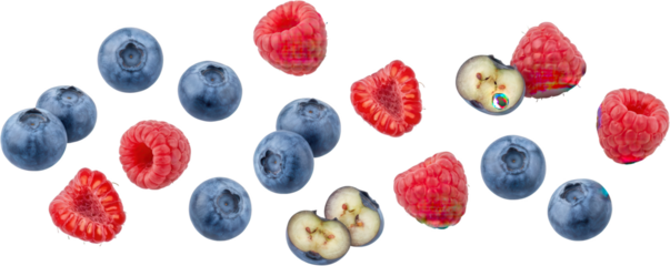 Assortment of fresh ripe blueberries and vibrant raspberries some whole and some halved scattered in a random pattern blueberry raspberry berry fruit healthy natural sweet transparent background