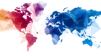 Colorful world map with geometric shapes representing continents and connections
