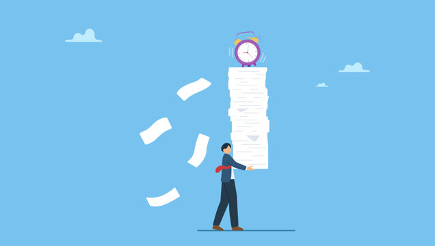 Tired businessman carrying heavy documents paperwork with alarm clock deadline on top. Busy workload and deadline causing exhaustion and burnout, overload or overworked office routine.