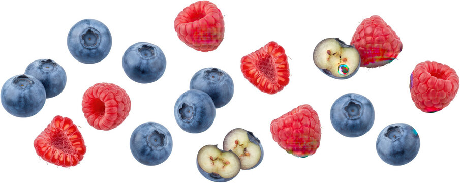 Assortment of fresh ripe blueberries and vibrant raspberries some whole and some halved scattered in a random pattern blueberry raspberry berry fruit healthy natural sweet transparent background
