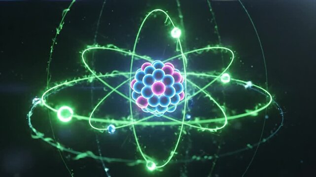 Glowingly rendered atom structure with orbiting electrons in a high-tech science animation