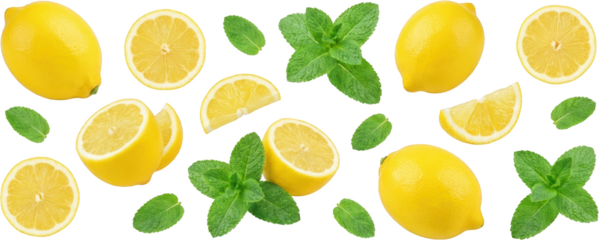 A vibrant assortment of whole lemons halved lemons lemon slices and fresh mint leaves scattered across the frame creating a lively visual citrus fruit yellow green refreshing transparent background
