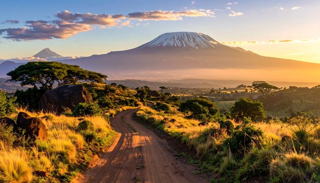 A scenic dirt road winds through an open field, leading toward majestic mountains under a warm, golden sunrise - Powered by Adobe