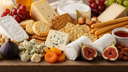 A delightful and diverse cheese platter featuring an assortment of cheeses, fruits, and crackers perfect for entertaining