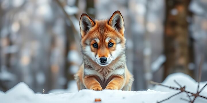 Fluffy wolf pup with big innocent eyes sitting in a snowy forest, looking curious and gentle, with soft focus background,  wilderness,  snow