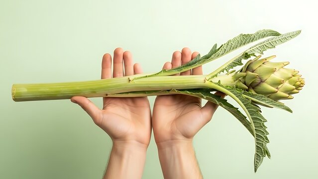 hand holding whole cardoon stalk