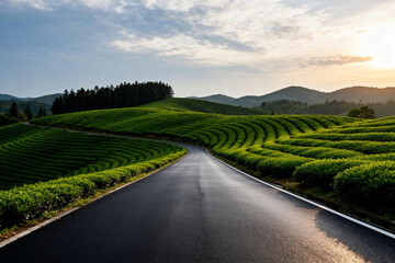 Naklejka premium Winding Road Through Lush Tea Plantations at Sunset