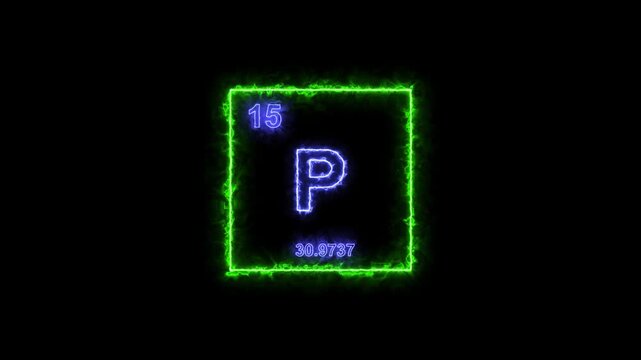 Phosphorus - periodic table element symbol hologram, chemical element Periodic Table, atomic weight element number ,glowing on black background in 4K.