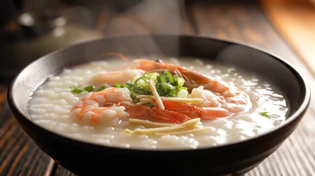 Creamy white congee in a dark bowl topped with shrimp, scallions, and ginger garnish with steam warm
