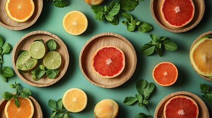 Assortment of Fresh Citrus Fruits on Wooden Table with Green Leaves