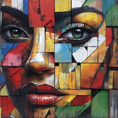 Vibrant Mosaic Portrait of a Stylized Female Face with Bold Digital Art