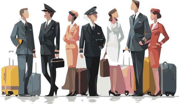 Isolated a realistic Flight crew consisting of pilots and flight attendants with travel bags standing and talking vector art with white background.