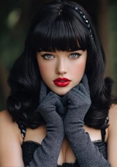 a beautiful woman wearing black satin gloves, with red lipstick, against a grey background
