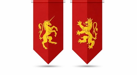 Red banners with golden lion emblems.