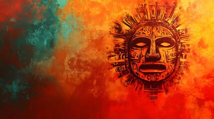 Vibrant Aztec Tribal Sun Mask with Mystical Symbolic Patterns