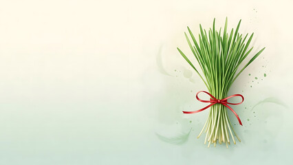 Delicate Fresh Wheatgrass Sprouts (Sabzeh) Tied with Red Ribbon on Soft Ivory to Mint Watercolor Background &ndash; Ethereal Spring Botanical Illustration with Empty Space