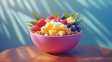 Healthy Tropical Fruit Bowl with Granola and Berries on Wooden Table