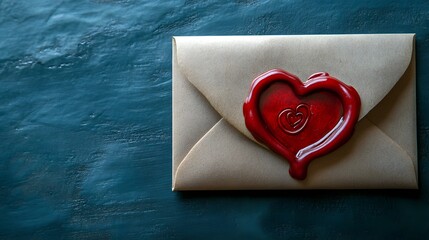 Sealed Heart Shaped Envelope with Red Ribbon on Blue Background Conveying Love and Romantic Message