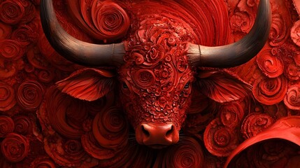 Fierce Bull with Horns in Dramatic Red Abstract Background