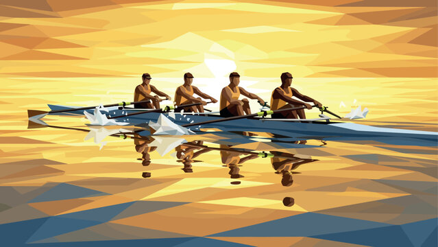 Geometric rowing team at sunrise with reflective water surface