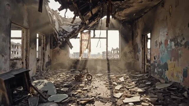 Devastated Interior of a Bombed Building with Sunlight Shining Through Window and Childrens Tricycle