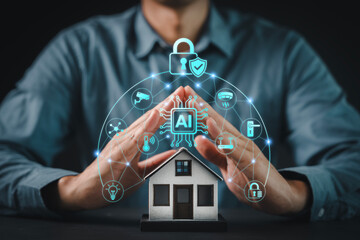Man protecting miniature house with AI powered smart home technology and secure IoT system icons for digital living safety and security