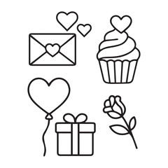 Set of vector line illustrations for Valentine's Day: envelope with hearts, cupcake, heart balloon, rose