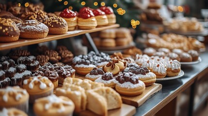 Diverse Selection of Delectable Pastries and Baked Goods on Display in a Bakery Showcase