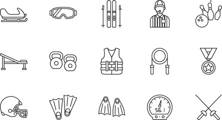 Professional Sports and Fitness Icon Set Featuring Ski Equipment, Gym Weights, Bowling, Referee, Life Vest, Fencing, Medal, and Athletic Gear